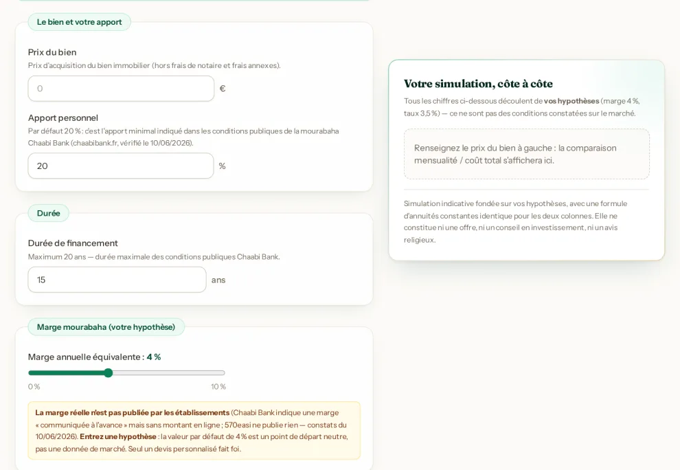 Aperçu du simulateur mourabaha : prix du bien, apport, durée et marge annuelle
